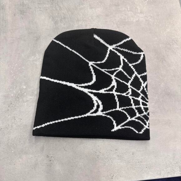 White and Black Spider Web Acrylic Graphic Beanie Hat - Picture 3 of 3
